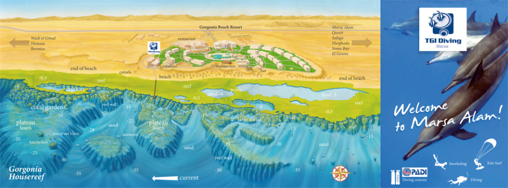 Marsa Alam, Mar Rosso, brochure, concept + illustrazione + grafica per TGI diving